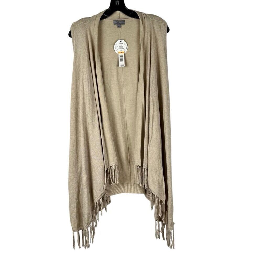 New! NWT Joseph A Beige Knit Open-Front Vest Fringe Hem Cardigan Small